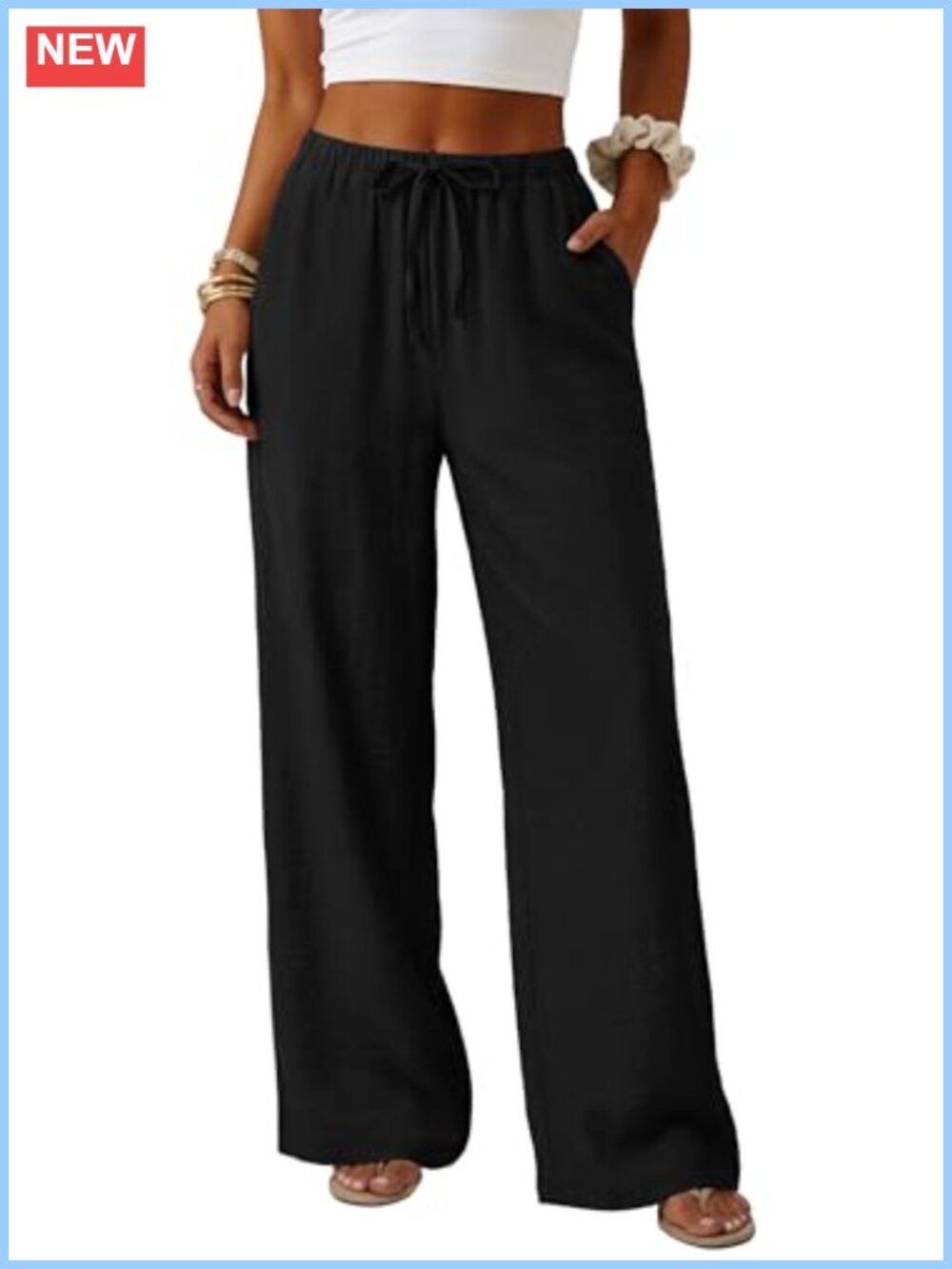 Linen Textured Wide Leg Drawstring Palazzo Pants High Waisted Women